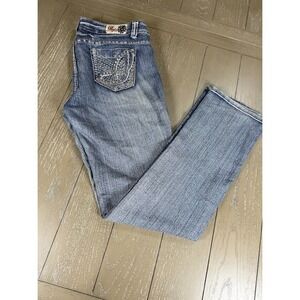 Y2K Botin Jeans Womens Size 7 Blue Rhinestones Low Rise Bedazzle Grunge